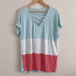 Chic Soul Lattice Sky Blue Lace-Up Top